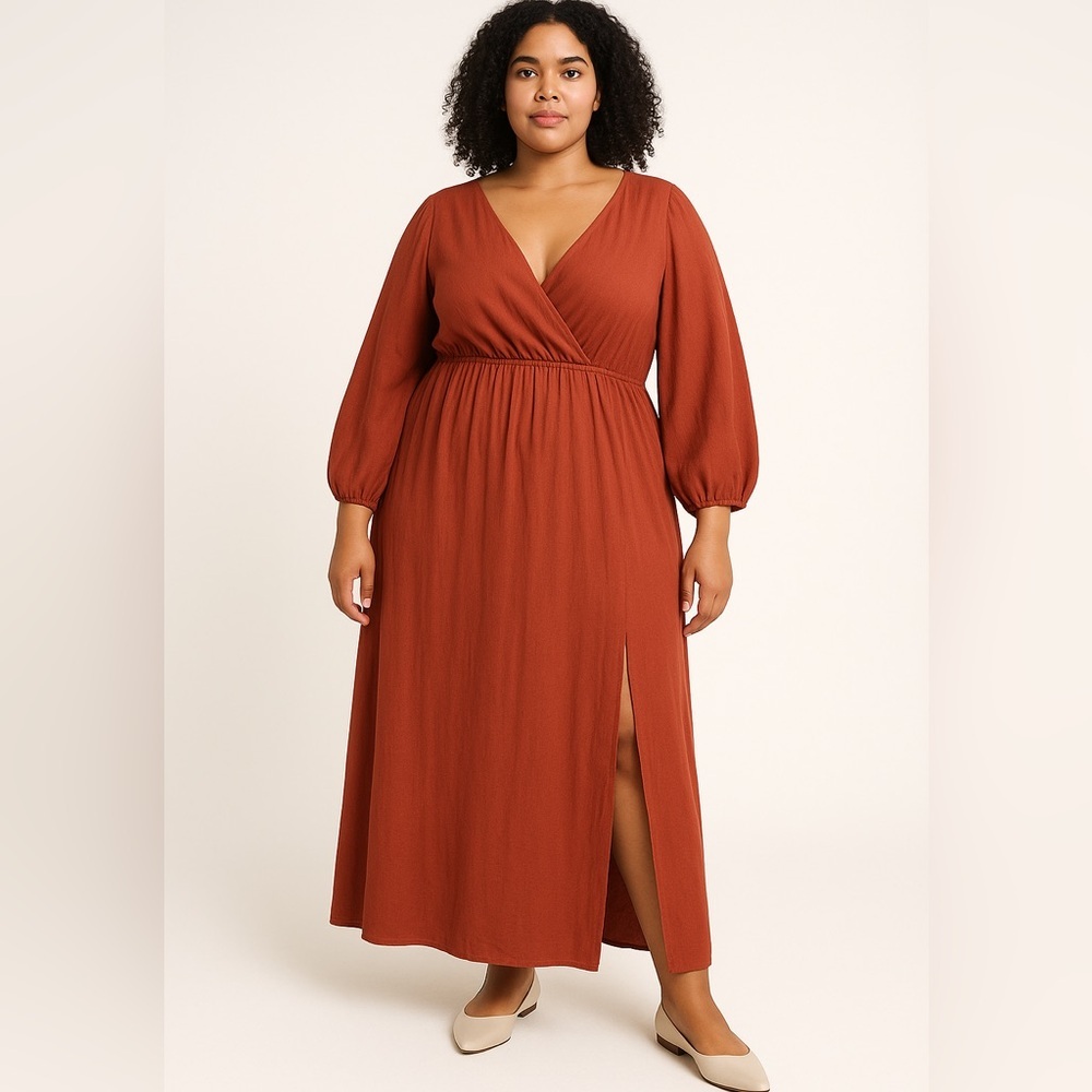New! Eloquii linen blend Rust Orange Maxi Peasant Dress Balloon Sleeve size 16